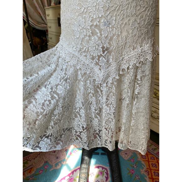 vintage 1980s sheer lace mermaid hem dress with flutter sleeves small wedding - Picture 2 of 10